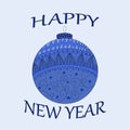 Holidays greeting card with abstract doodle Christmas ball.ÃÂ Happy New Year. Season`sÃÂ Decoration element. Blue colors. Flat Royalty Free Stock Photo